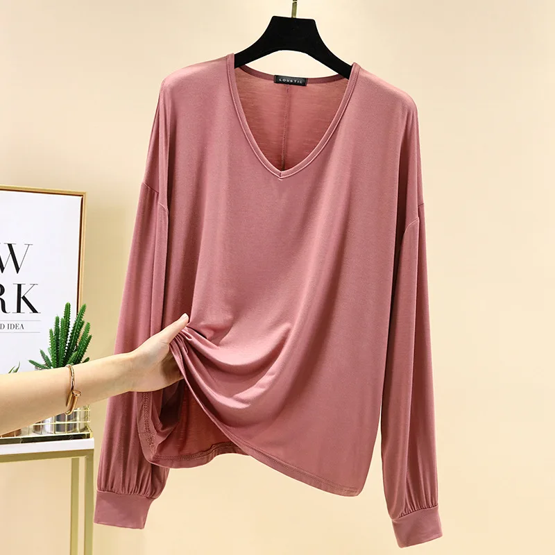 

Women's Modal Long-sleeve Spring Tees Summer V-neck Lantern Sleeves T-shirt Loose Large Size Tops 8Z