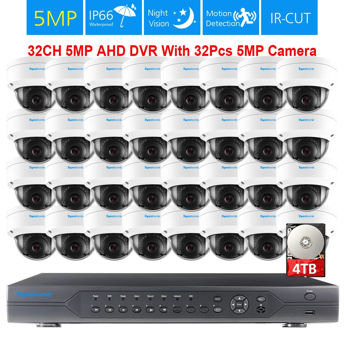TOPROHOIME H.265 + 32ch система видеонаблюдения 5MP 2592*1944 IP66 Антивандальная камера