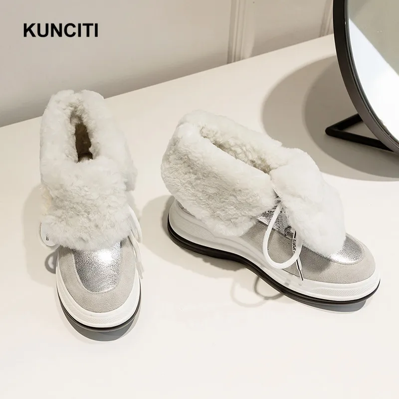 KUNCITI/; зимняя обувь; женские зимние ботильоны на шнуровке; ботинки из натуральной кожи на танкетке; модная дизайнерская теплая обувь на меху; D9182