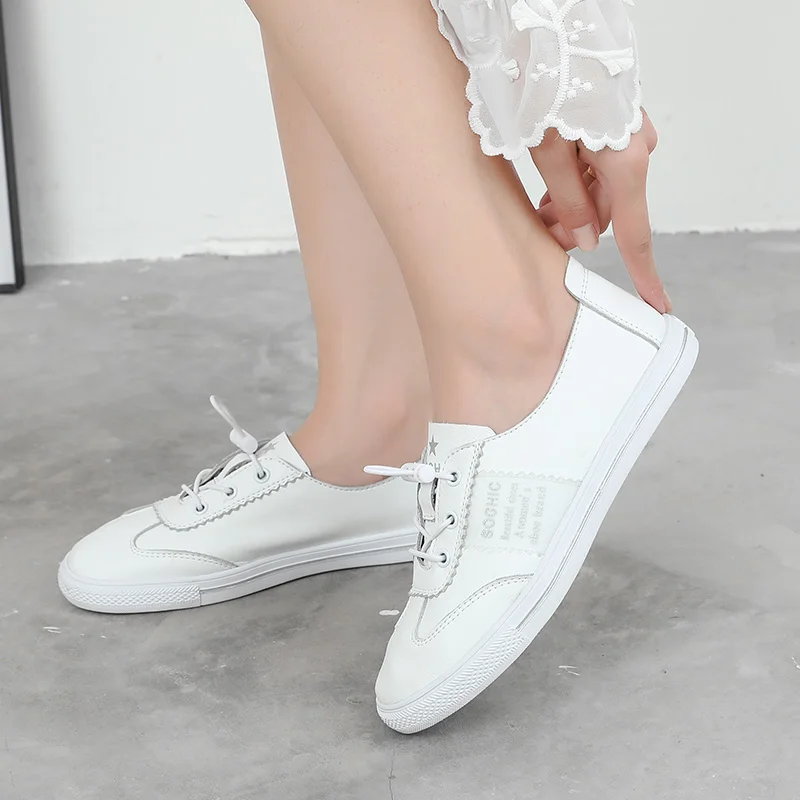 2019 New Fashion Women Casual Shoes Comfortable White Sneakers Lace-Up Split Leather Girls Flats | Обувь