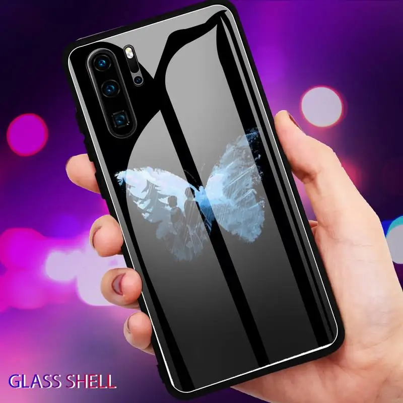 

Luxury Butterfly Painting Phone Case For Huawei P9 10Plus 20PRO P30 Lite Back Cover Tempered Glass Cases For NOVA 3E Series