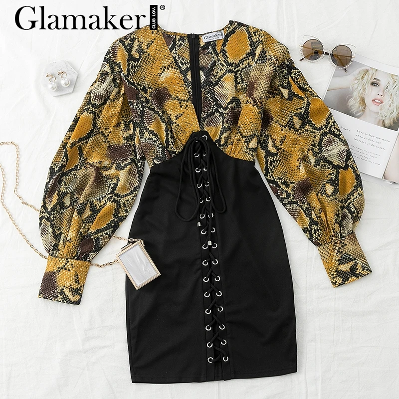 Женское винтажное платье со змеиным принтом V образным вырезом|Женские платья| |