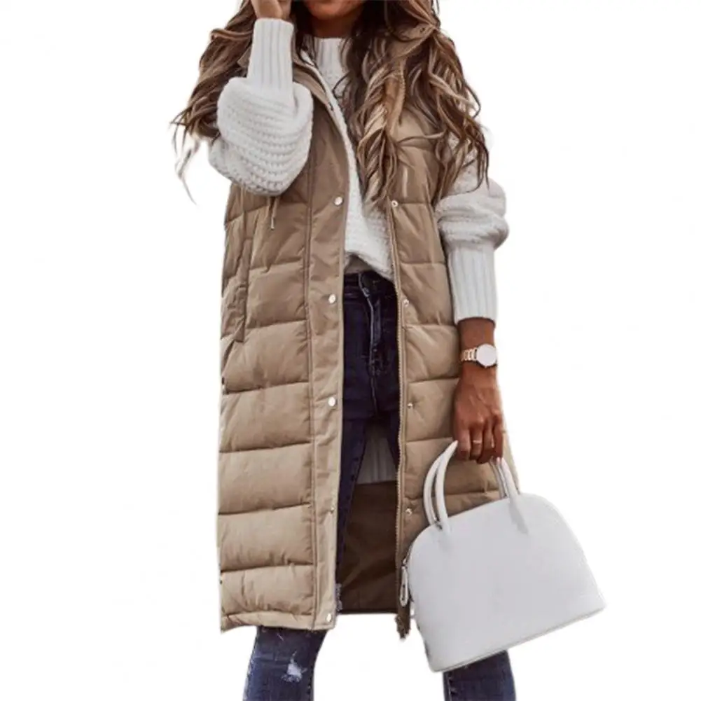 

Loose Women Hooded Vest Solid Color Drawstring Pockets Single Breasted Autumn Winter Ladies Long Jacket Overcoat