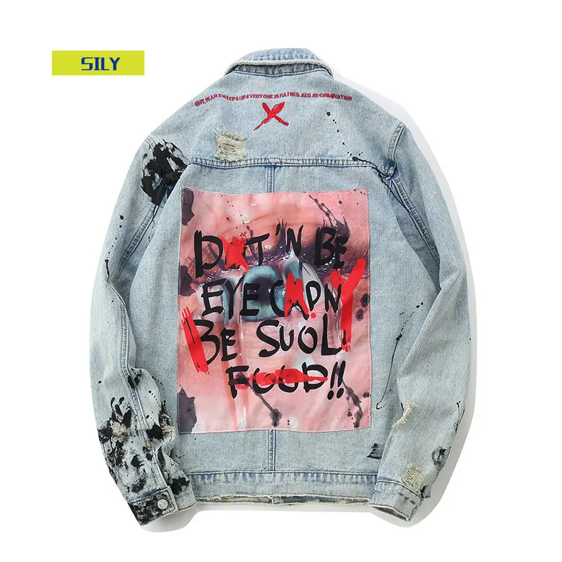 

Mens Graffiti Denim Jackets Streetwear 2020 Hip Hop Casual Patchwork Ripped Distressed Punk Rock Jeans Coats Outwear