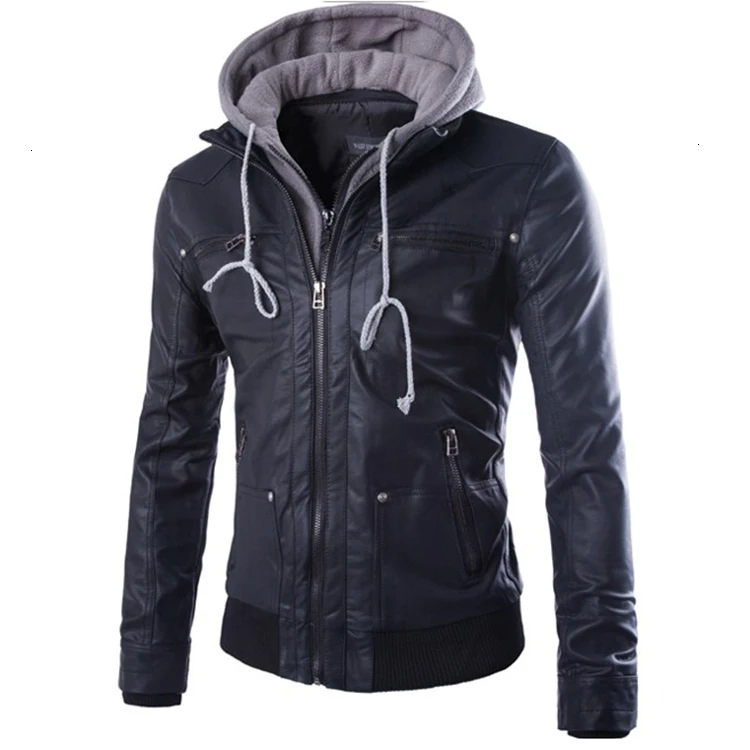 Мужская кожаная куртка брендовая тонкая Байкерская мотоциклетная с капюшоном