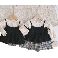 0 2 years old baby skirt suit girl lattice sister clothes long sleeved one piece full suspender blouse two piece set clothing