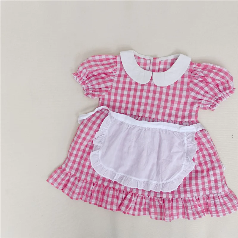 

Korean style summer girls plaid short sleeve dresses doll collar cotton bib dress 1-6Y