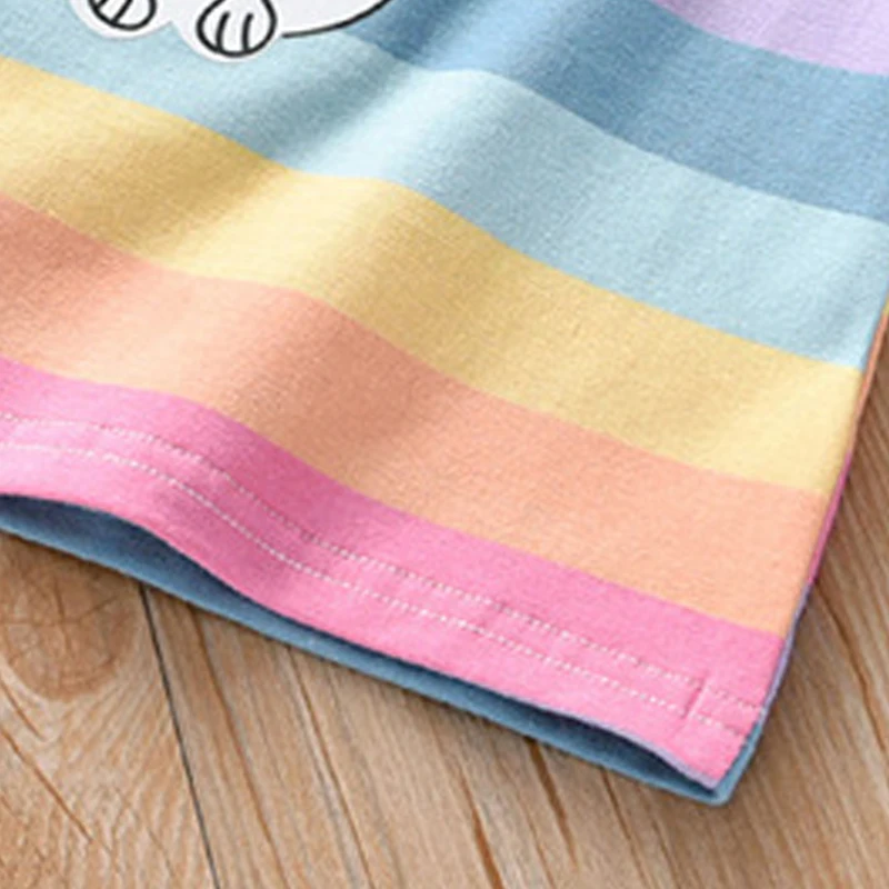 

Keelorn Girls Casual T-Shirts 2021 New Summer Baby Cartoon Top Rainbow Striped Baby Clothes Short Sleeve Children Clothing 2-7Y