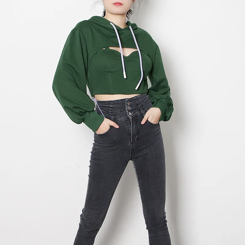 

New solid color hooded drawstring sweater hollow fake two-piece pullover long sleeve short casual jacket women