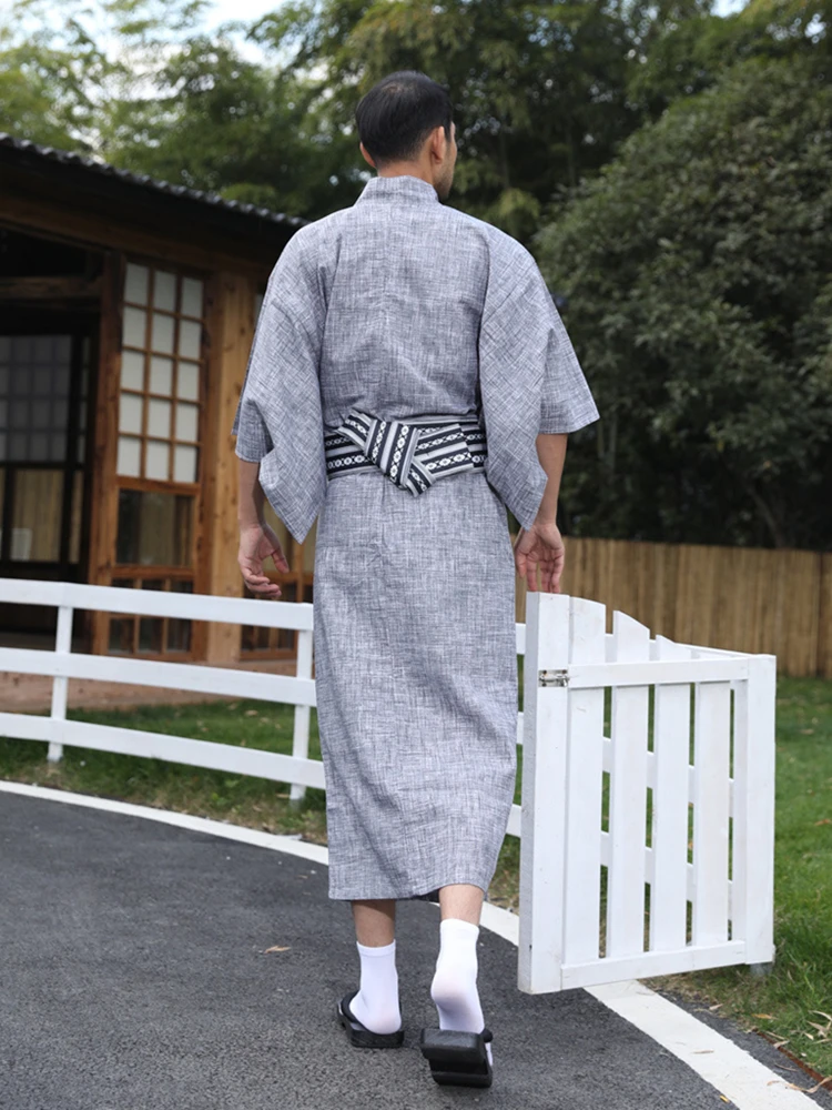Traditional Japanese KIMONO Fashion YUKATA Summer Men Long Robes With Belt 95% Cotton Pajamas Set Male Sleepwear Bathrobe