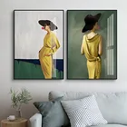 Модные женские плакаты с желтым платьем на зеленом фоне, Картина на холсте, настенные художественные картины, принты для спальни, украшение для дома
