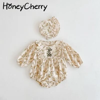 honeycherry 2021 fall baby girl embroidered long sleeve romper newborn onesie romper hat baby girl clothes