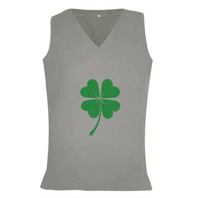 

Womens Ladies V Neck Clover Print Sleeveless Top T-Shirt Blouse Summer