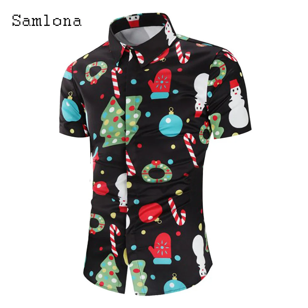 Short Sleeve Casual Shirt blusas Mens Streetwear 2021 Single-breasted Top Lepal Collar Holiday Christmas Print Mens Blouse Homme