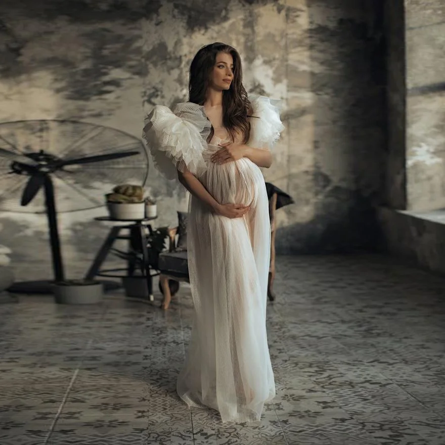 

Fluffy Tulle Dresses Maternity Women Tulle Ruffled Shoulder Dressing Gowns For Party Formal Dress Seer vestido de fiesta