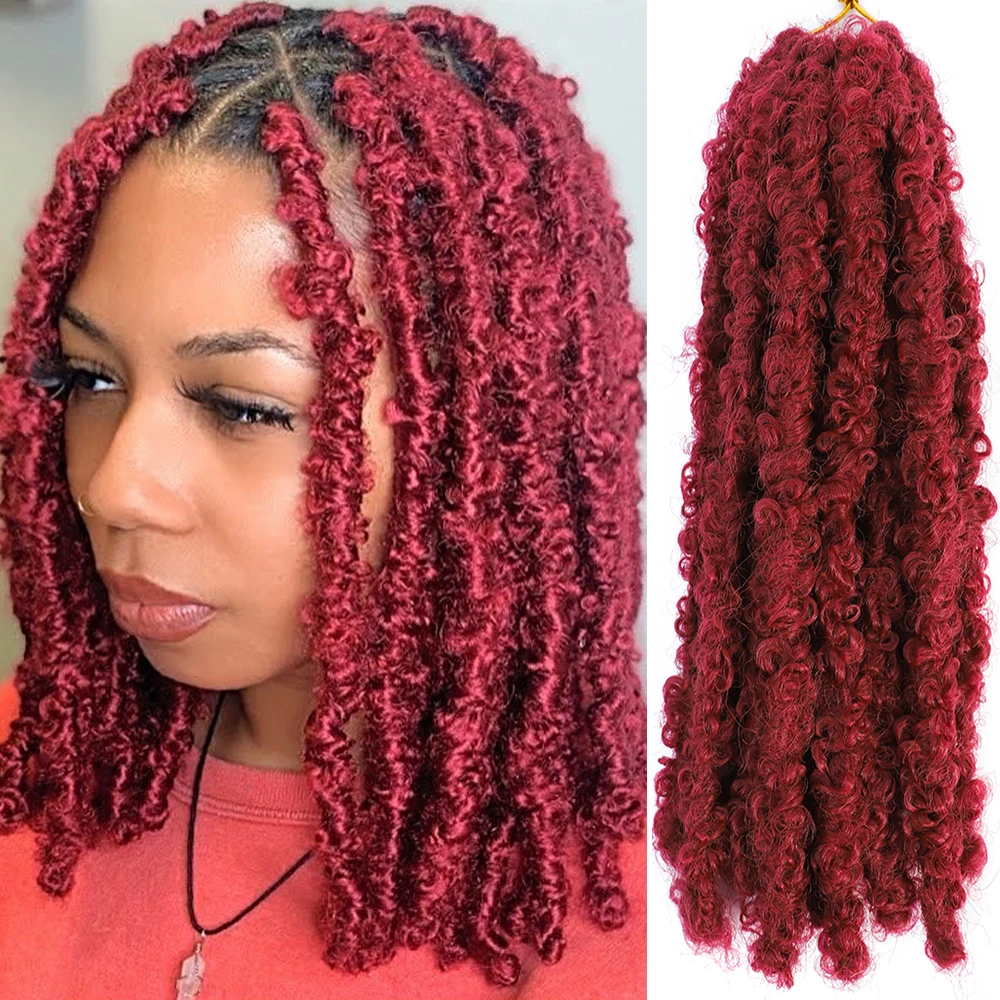 

1B 27 30 Red Butterfly Locs плетеные волосы для вязания крючком 12 дюймов предварительно загнутые темные искусственные косички мягкие цветы