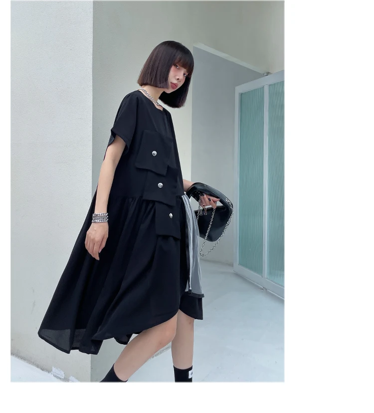 

2021 Summer New Irregular Design Women Round Neck Pullover Mid-length Dress Ladies Short Sleeve Loose Slim Elegant Black Dress