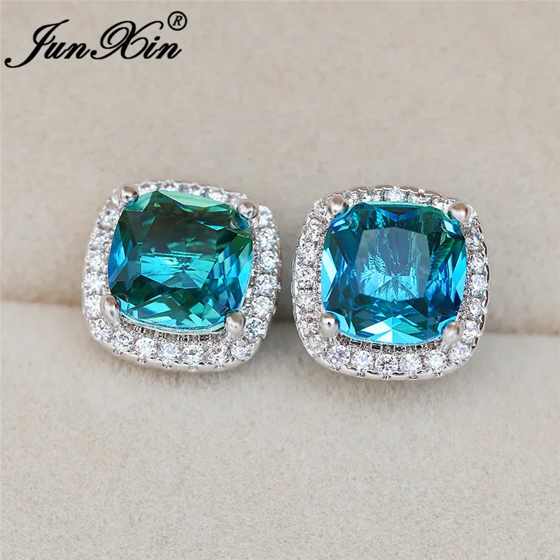 Geometric Square Stud Earrings White Gold Rose Colorful Rainbow Fire Crystal Blue Green Zircon Wedding For Women | Украшения и