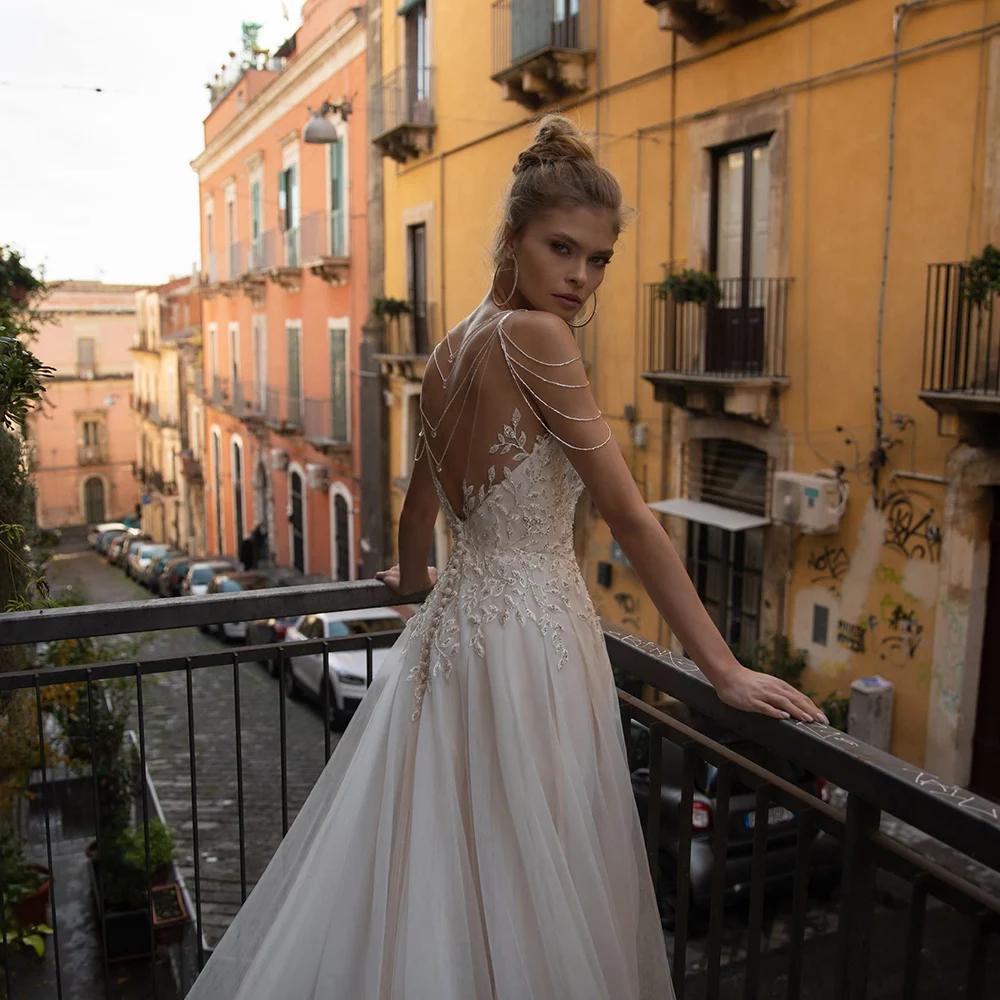 

Fashion Tulle Wedding Gowns Scoop Neck Sleeveless Spagehetti Straps Applique Sequin A Line Wedding Dresses Vestido de Novia