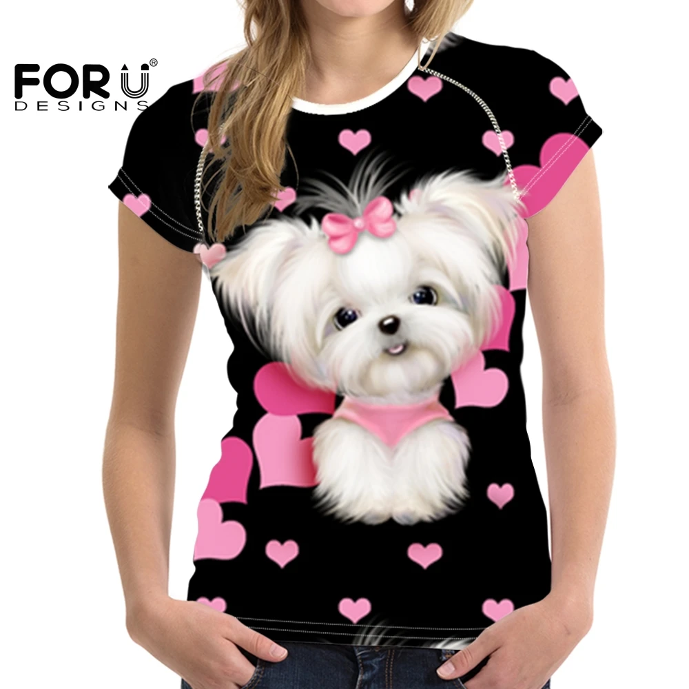 FORUDESIGNS Kawaii Maltese сердце мультфильм печать милые футболки для женщин Harajuku стиль