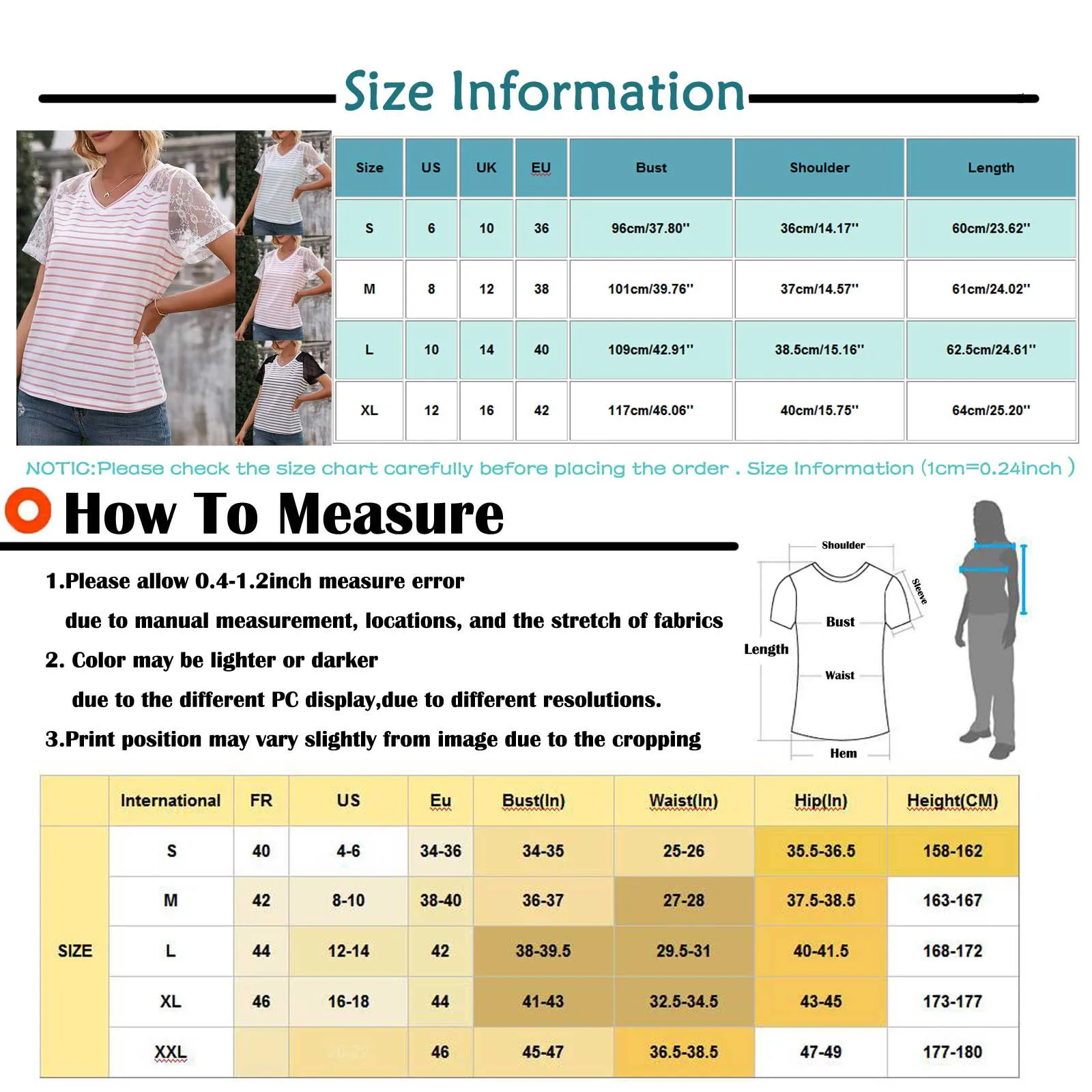 

Summer Womens Fashion V-neck Perspective Short Sleeve Striped Pacthwork Lace Loose T-Shirt Tops Plus Size Camisetas Mujer#p3