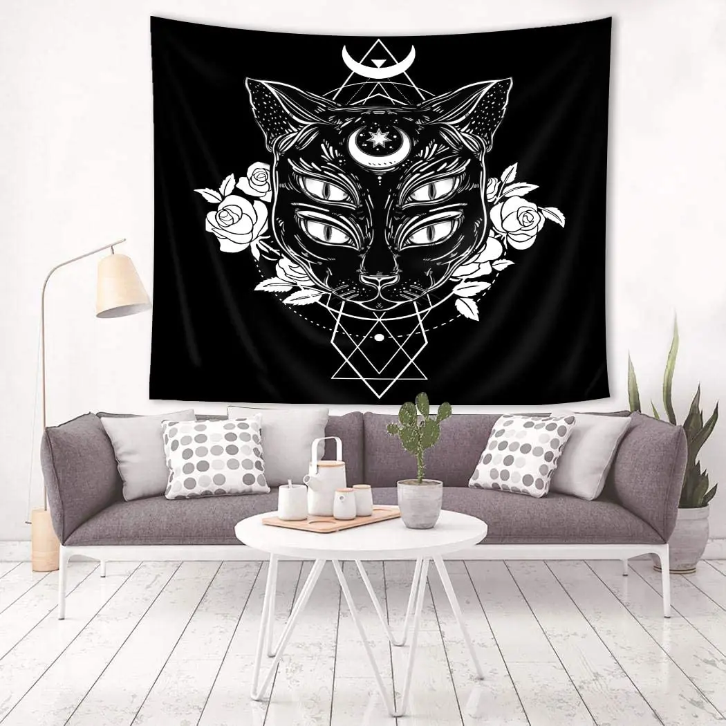 Гобелен с черной головой кота портрет Луна и четыре глаза Готическая татуировка