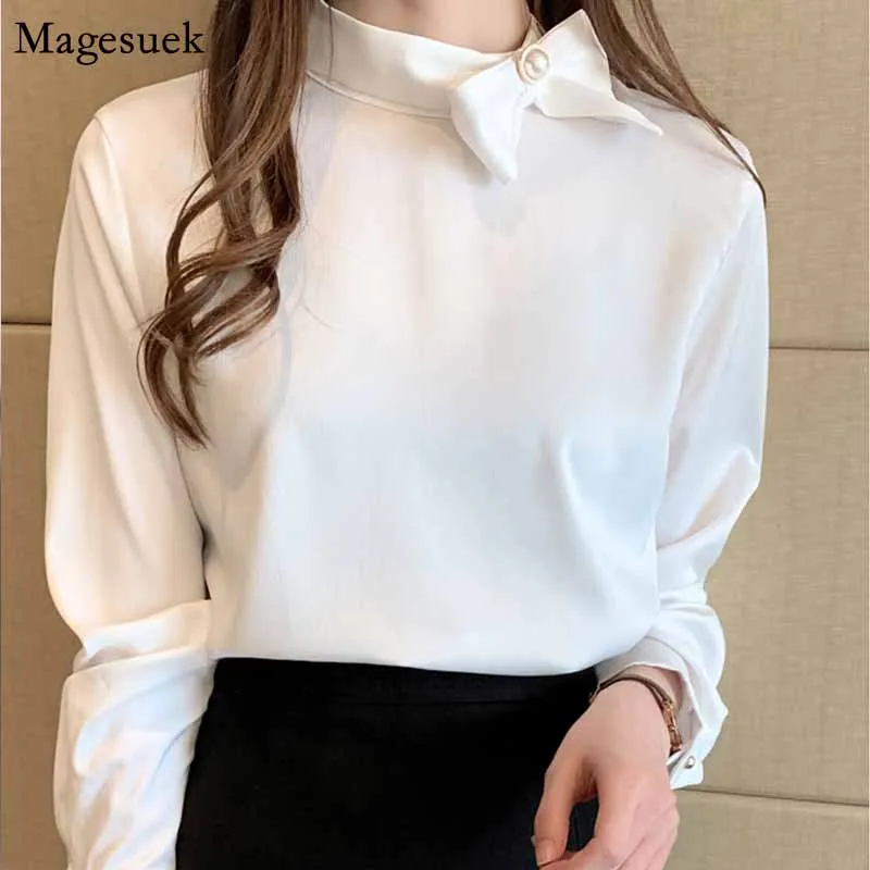 

2020 Casual Solid Beading Women Plus Size Pullover Long Sleeve Shirt Women Blouse Blusas Ladies Tops Autumn Bow Chiffon 10495