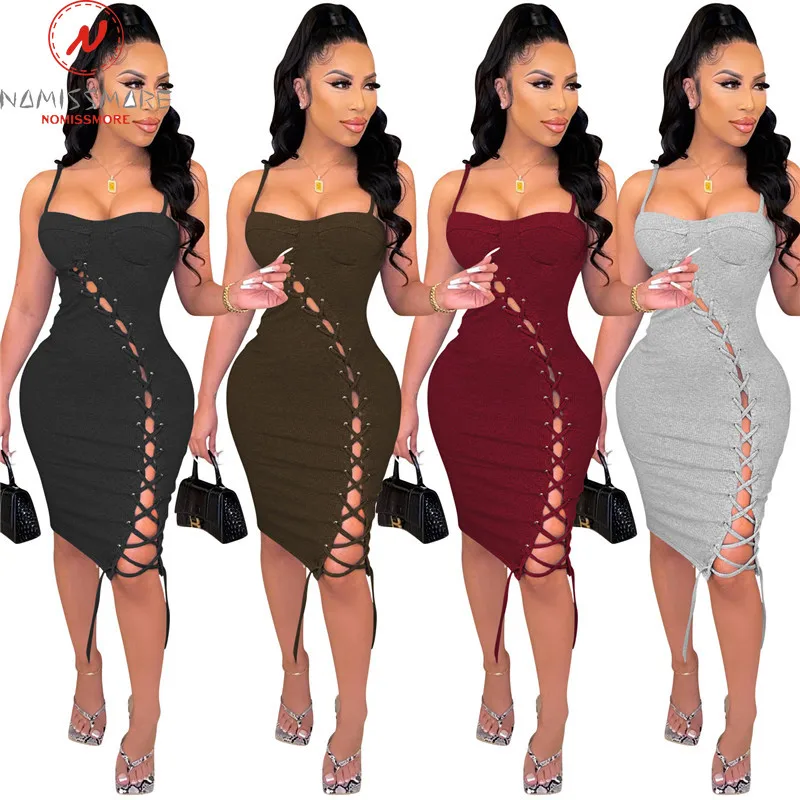 

Sexy Women Solid Color Pencil Dress Hollow Out Design Bandage Zipper Decor Sling Sleeveless Backless Slim Hips Strapless Dress