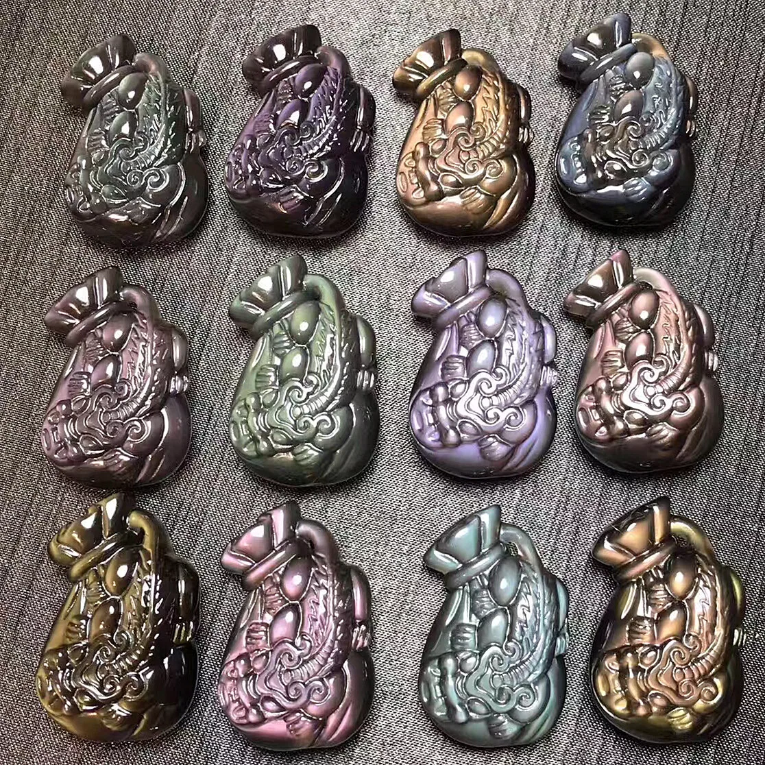 Natural Ice Rainbow Eye Black Yao Stone Purse Pendeloque Cut Carved Men And Women Fund Recruit Wealth Brave Troops Purse Pendant