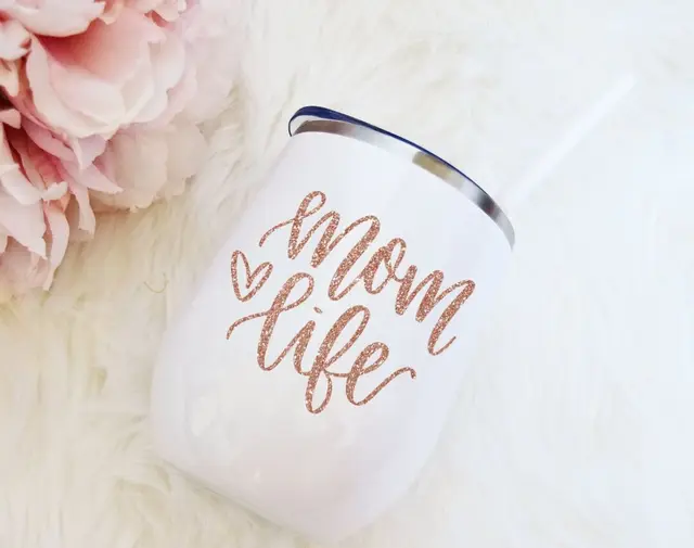 Personalized Wine Tumbler 12oz Mom Life Mothers Day Gift White Wine Glass Custom Mother New Mom Mum Gift 1