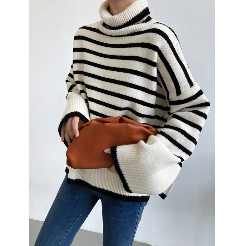 

Turtleneck Women Stripe Sweater 2021 Autumn Winter Drop Shoulder Sleeve Loose Oversize Knit Sweater Soft Warm Pullovers Knitwear