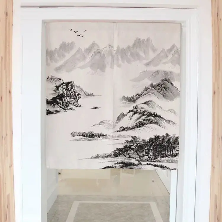 

Chinese Landscape Painting Door Curtain Cotton Linen Half Panel Curtain Bedroom Partition Curtain Home Decoration