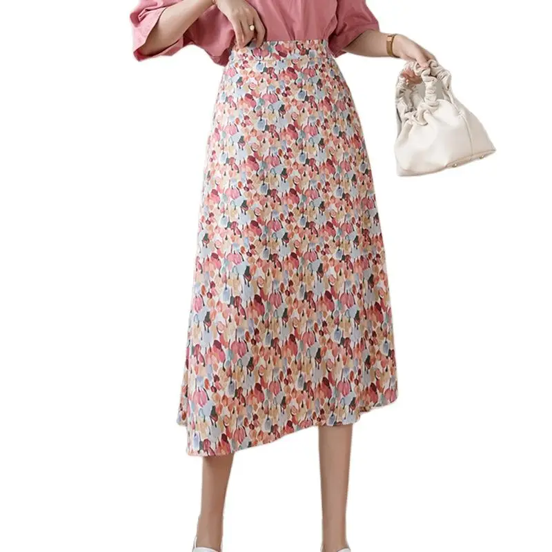 

All-match high waist skirt 2022 spring new printed elastic waist A-line chiffon skirt Korean fashion women's clothing