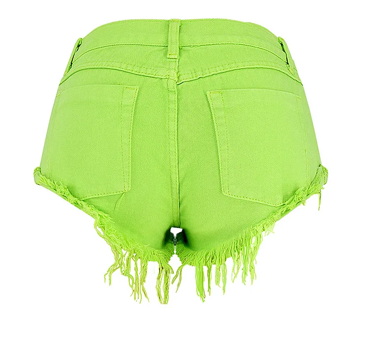 

European and American women's sexy denim shorts mustard green holiday style loose non-elastic roll edge pocket beach hot pants