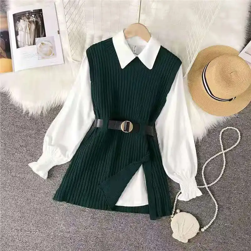 

Korean new product autumn and winter models base white shirt with vest and knitted vest two-piece western-style blouse women