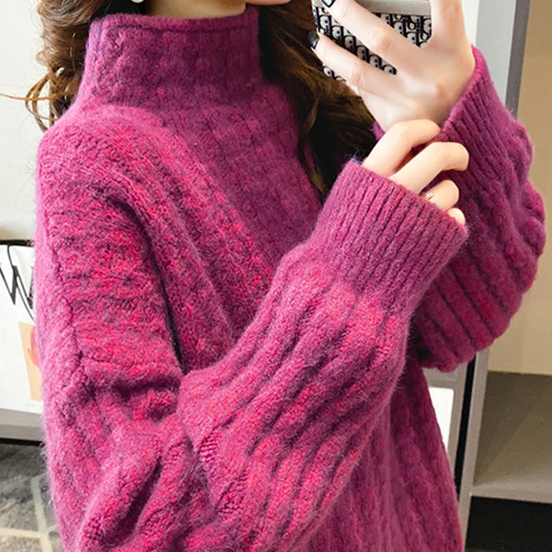 

High Neck Winter Woman Sweater Solid Long Sleeve Casual Turtleneck Jumper for Ladies Loose Female Knitted Pullover Women Outwear