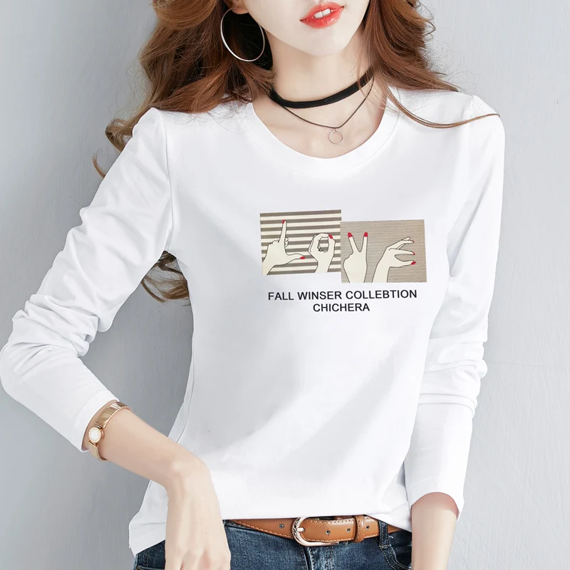 

2020 New Spring Autumn Women Long Sleeve Cotton T-shirt Korean Fashion Print Kawaii Student T-shirt Casual Women Tops