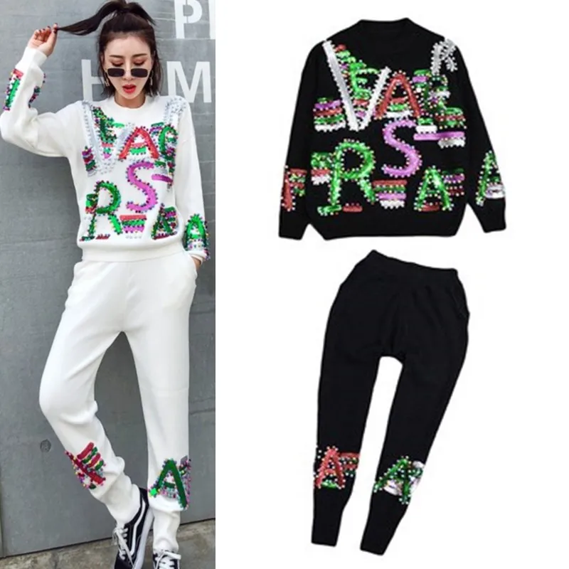 2020 Fashion Autumn Winter 2 piece set Women Sequins Letters Long-sleeved Sweater+Casual Trousers Two Piece Female Pants Suit