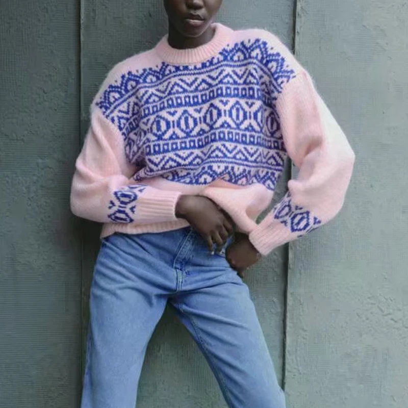 

Женский вязаный свитер с круглым вырезом KUMSVAG, Свободный Повседневный жаккардовый пуловер в винтажном стиле, осень 2021