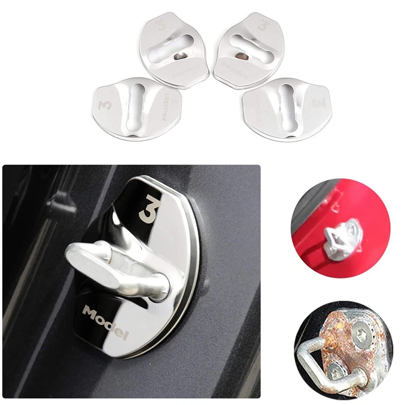 

Model 3 Door Latch Lock Cover Interior Accessories Stainless Steel Cover Pack 4Pcs for Tesla Model 3 2017 2018 2019(Silver)
