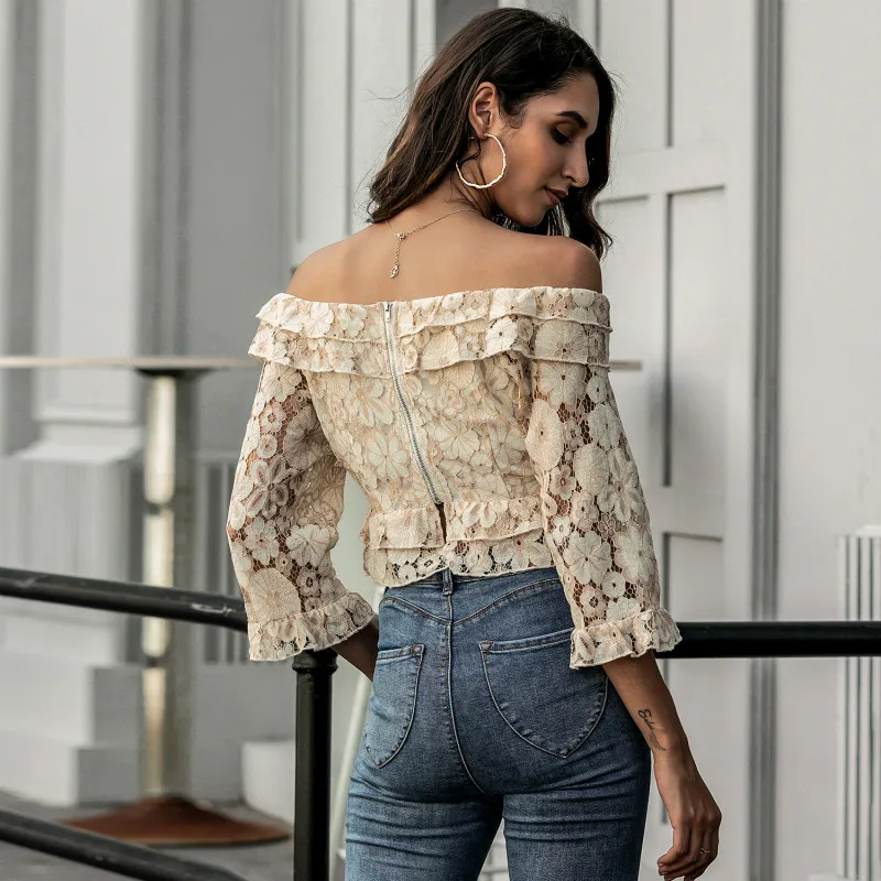 Летняя Сексуальная рубашка модная кружевная Однотонная футболка с рукавом