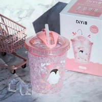 creative cute pink fruit ice cup double wall plastic straw cups summer drinking water bottle cartoon coffee juice milk mug