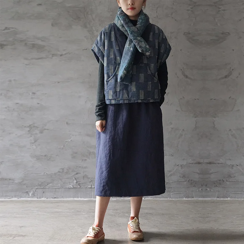 

SCUWLINEN 2020 Vintage Women Winter Vest Plaid V-neck Patchwork Loose Cotton-padded Warm Tops Zen Clothing P178