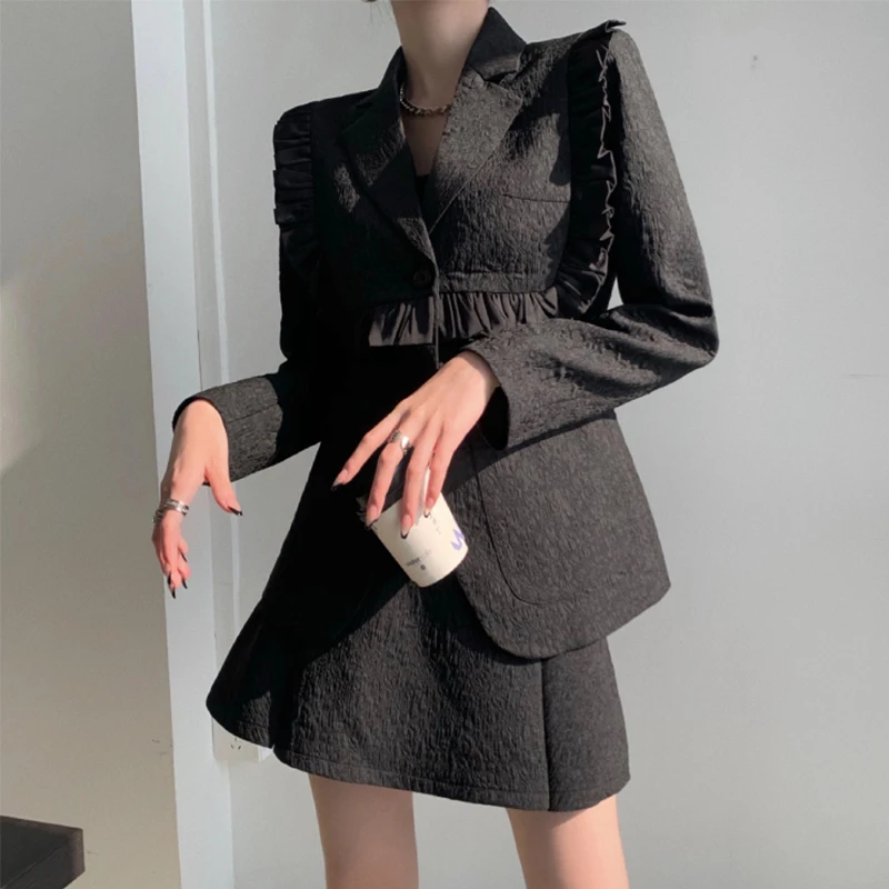 

FORYUNSHES Black White Women High Waisted Skirt 2020 office Suits blazer Two Piece Suit Set Retro Ruffled Jacket Spring Autumn
