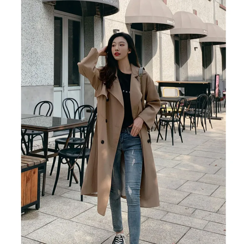 Женская ветровка с поясом повседневный Тренч цвета хаки длинным рукавом и