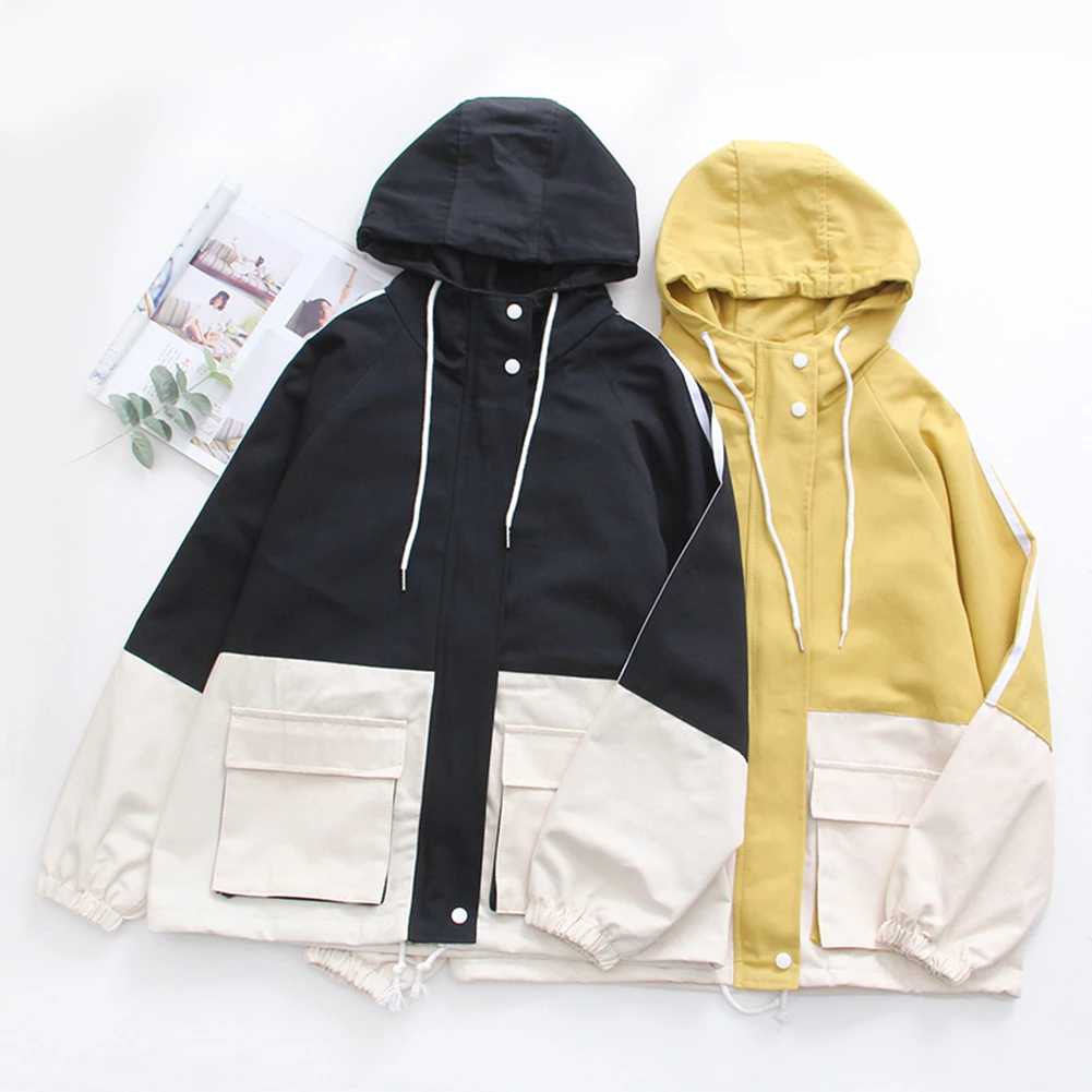 

Spring Fall Female Harajuku Cardigan Hooded Jacket Windbreaker Leisure Long-sleeve Coat Loose Pocket Outwear Costume Windbreaker