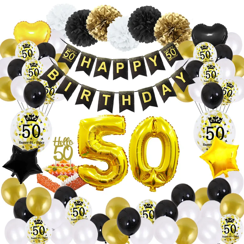 

51pcs/Set 30 Birthday Party Decorations Big Happy Birthday Banner Woman Man Deco Anniversaire 30 Years Black Golden Balloons