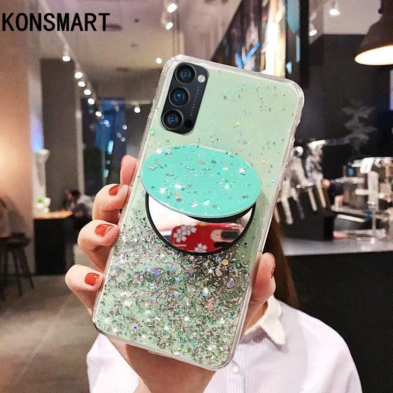 

KONSMART Reno 4 5G Case Makeup Mirror Silicone Soft Phone Case For OPPO Reno 4 Pro 5G Luxury Glitter Star Back Cover With Holder