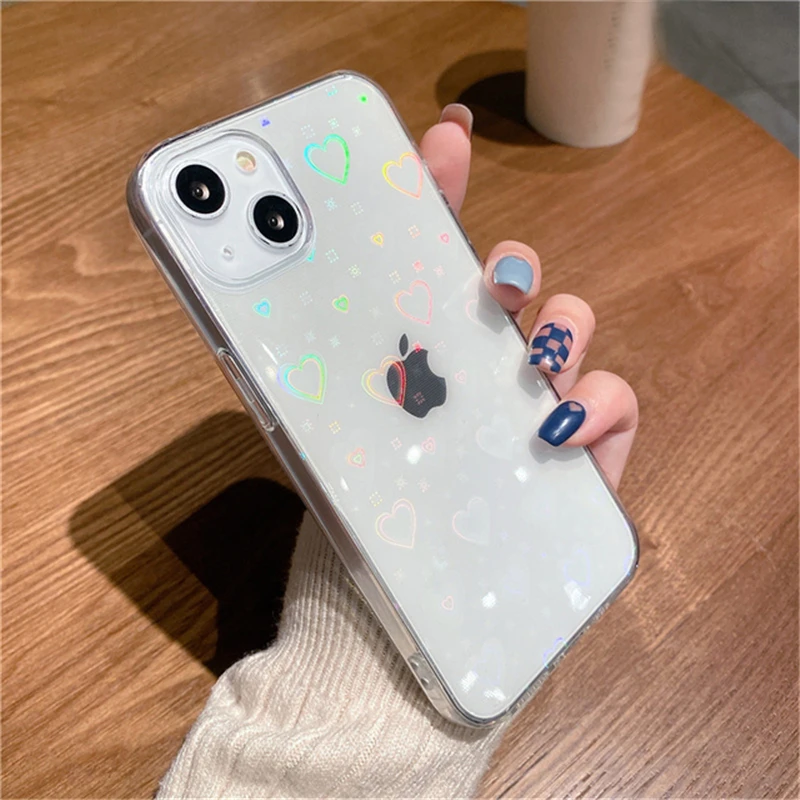 Transparent Laser Love Heart Phone Case For iPhone 11 12 13 Pro Max Mini Shockproof X XR XS Max 7 8 Plus SE2020 Soft Cute Cover