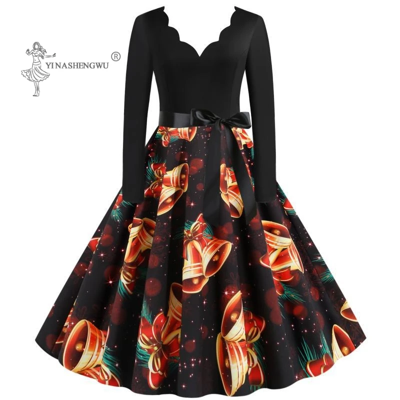 

Christmas Dress Women Winter Black Big Swing Print Vintage Casual Long Sleeve V Neck Sexy New Year Party Dress Plus Size S~3XL